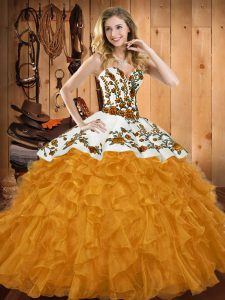 Delicate Gold 15 Quinceanera Dress Military Ball and Sweet 16 and Quinceanera with Embroidery and Ruffles Sweetheart Sleeveless Lace Up