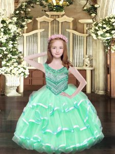 Popular Apple Green Little Girls Pageant Dress Wholesale Party and Quinceanera with Beading and Ruffled Layers Scoop Sleeveless Lace Up
