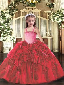 Stunning Ball Gowns Pageant Dress Toddler Red Straps Organza Sleeveless Floor Length Lace Up