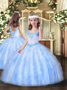 Best Light Blue Sleeveless Floor Length Beading and Ruffles Lace Up Kids Formal Wear