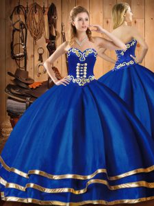 Blue Lace Up Ball Gown Prom Dress Embroidery Sleeveless Floor Length