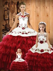 Artistic Floor Length Lace Up Vestidos de Quinceanera Wine Red for Military Ball and Sweet 16 and Quinceanera with Embroidery and Ruffles