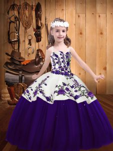 Purple Tulle Lace Up Child Pageant Dress Sleeveless Floor Length Embroidery