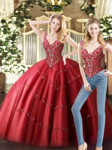 Wine Red Sleeveless Tulle Lace Up Sweet 16 Dresses for Military Ball and Sweet 16 and Quinceanera