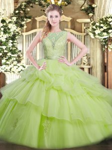 Stunning Yellow Green Sleeveless Beading and Ruffled Layers Floor Length 15 Quinceanera Dress