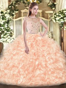 Graceful Champagne Sleeveless Beading and Ruffles Floor Length Quinceanera Gown