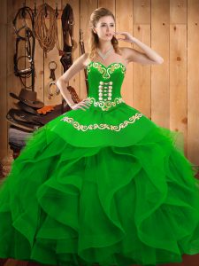 Glorious Green Organza Lace Up Quince Ball Gowns Sleeveless Floor Length Embroidery and Ruffles