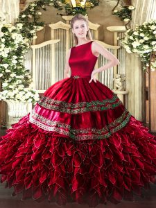 Excellent Wine Red Sleeveless Satin and Organza Clasp Handle Quinceanera Gown for Military Ball and Sweet 16 and Quinceanera