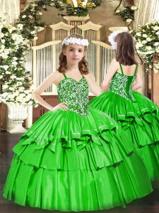 High Quality Ball Gowns Kids Pageant Dress Green Straps Organza Sleeveless Floor Length Lace Up