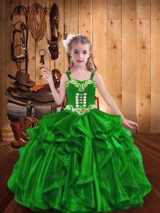 Trendy Sleeveless Organza Floor Length Lace Up Child Pageant Dress in Green with Embroidery and Ruffles