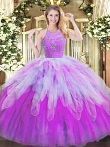 High End Multi-color Halter Top Neckline Beading and Ruffles Quinceanera Gown Sleeveless Zipper