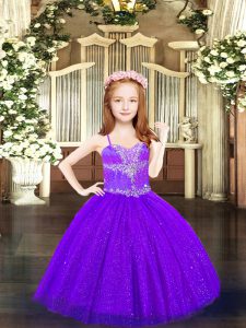 Fantastic Sleeveless Floor Length Beading Lace Up Little Girls Pageant Dress with Purple