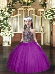 High End Purple Ball Gowns Halter Top Sleeveless Tulle Floor Length Lace Up Beading and Ruffles Little Girls Pageant Gowns