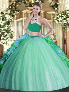 Fashion Tulle High-neck Sleeveless Backless Beading and Ruffles Sweet 16 Quinceanera Dress in Multi-color