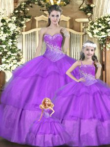 Lilac Sleeveless Tulle Lace Up Sweet 16 Dresses for Military Ball and Sweet 16 and Quinceanera