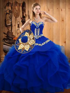 Organza Sweetheart Sleeveless Lace Up Embroidery and Ruffles Ball Gown Prom Dress in Blue