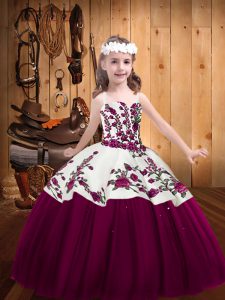 Fuchsia Ball Gowns Tulle Straps Sleeveless Embroidery Floor Length Lace Up Kids Formal Wear