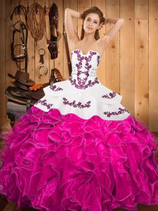 Best Ball Gowns 15th Birthday Dress Fuchsia Strapless Satin and Organza Sleeveless Floor Length Lace Up