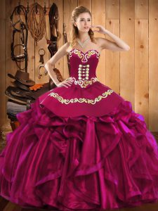 Satin and Organza Sweetheart Sleeveless Lace Up Embroidery and Ruffles Quinceanera Gown in Fuchsia