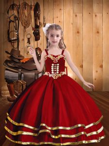 Excellent Red Ball Gowns Organza Straps Sleeveless Beading and Embroidery and Ruffled Layers Floor Length Lace Up Kids Pageant Dress