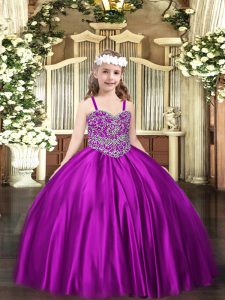 Purple Sleeveless Satin Lace Up Little Girls Pageant Gowns for Party and Quinceanera