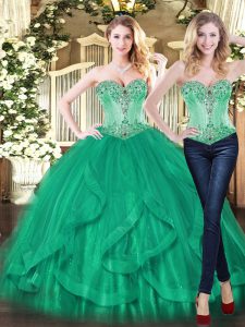 Graceful Sweetheart Sleeveless Tulle Quinceanera Gowns Beading and Ruffles Lace Up