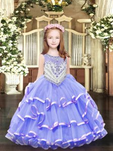 Enchanting Floor Length Zipper Little Girl Pageant Gowns Lavender for Party and Quinceanera with Beading and Ruffled Layers