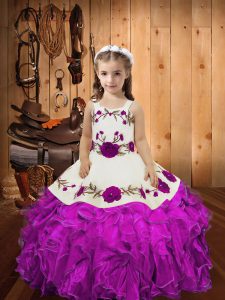 Elegant Fuchsia Sleeveless Floor Length Embroidery and Ruffles and Hand Made Flower Lace Up Evening Gowns