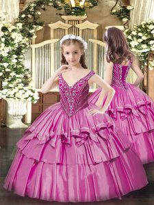 Excellent Floor Length Ball Gowns Sleeveless Fuchsia Pageant Dress for Womens Lace Up