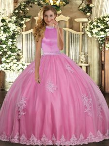 Floor Length Rose Pink Sweet 16 Quinceanera Dress Tulle Sleeveless Beading and Appliques