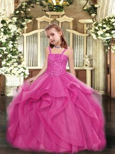 Straps Sleeveless Kids Formal Wear Floor Length Beading Hot Pink Organza