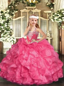 Fancy V-neck Sleeveless Organza Little Girls Pageant Dress Beading and Ruffles Lace Up