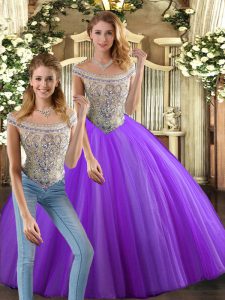 Comfortable Bateau Sleeveless Lace Up Sweet 16 Dresses Eggplant Purple Tulle