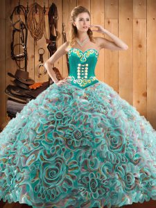 Deluxe Multi-color Ball Gowns Sweetheart Sleeveless Satin and Fabric With Rolling Flowers With Train Sweep Train Lace Up Embroidery Quinceanera Dresses