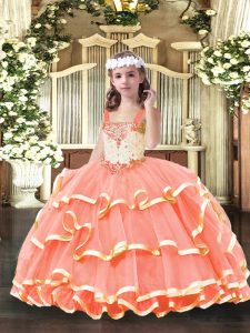 Exquisite Floor Length Orange Red Little Girls Pageant Dress Straps Sleeveless Lace Up