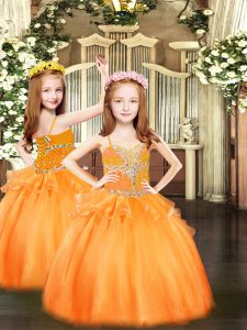 Floor Length Orange Little Girls Pageant Dress Spaghetti Straps Sleeveless Lace Up