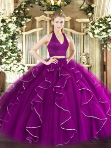 Purple Organza Zipper Halter Top Sleeveless Floor Length Quinceanera Dresses Ruffles