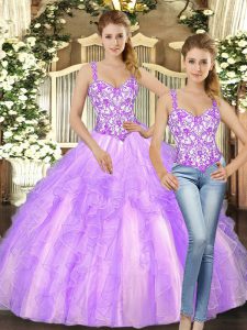 High Class Lilac Organza Lace Up Straps Sleeveless Floor Length Quinceanera Gowns Beading and Ruffles