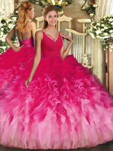 New Style V-neck Sleeveless Quinceanera Gown Floor Length Ruffles Multi-color Organza