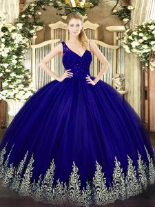 Comfortable Purple Backless V-neck Beading and Lace and Appliques Quinceanera Gown Tulle Sleeveless