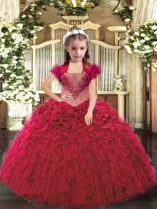 Dramatic Red Organza Lace Up Little Girl Pageant Dress Sleeveless Floor Length Beading and Ruffles