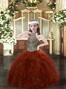 Rust Red Ball Gowns Organza Halter Top Sleeveless Beading and Ruffles Floor Length Lace Up Pageant Gowns For Girls