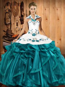 Gorgeous Floor Length Teal Sweet 16 Dresses Halter Top Sleeveless Lace Up