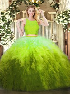 Olive Green Organza Zipper Ball Gown Prom Dress Sleeveless Floor Length Lace and Ruffles