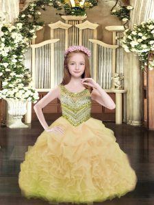 Gold Sleeveless Beading and Ruffles and Pick Ups Floor Length Kids Formal Wear