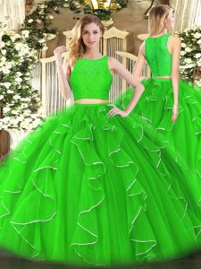 Glorious Floor Length Zipper Quinceanera Dresses Green for Military Ball and Sweet 16 and Quinceanera with Lace and Ruffles