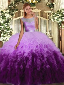 Beautiful Sleeveless Floor Length Beading and Appliques and Ruffles Backless Vestidos de Quinceanera with Multi-color