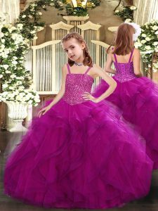 Straps Sleeveless Lace Up Little Girls Pageant Gowns Fuchsia Tulle