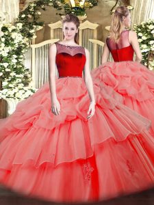 Watermelon Red Ball Gowns Scoop Sleeveless Organza Floor Length Zipper Beading and Appliques Sweet 16 Dress
