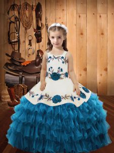 Embroidery and Ruffled Layers Girls Pageant Dresses Teal Lace Up Sleeveless Floor Length